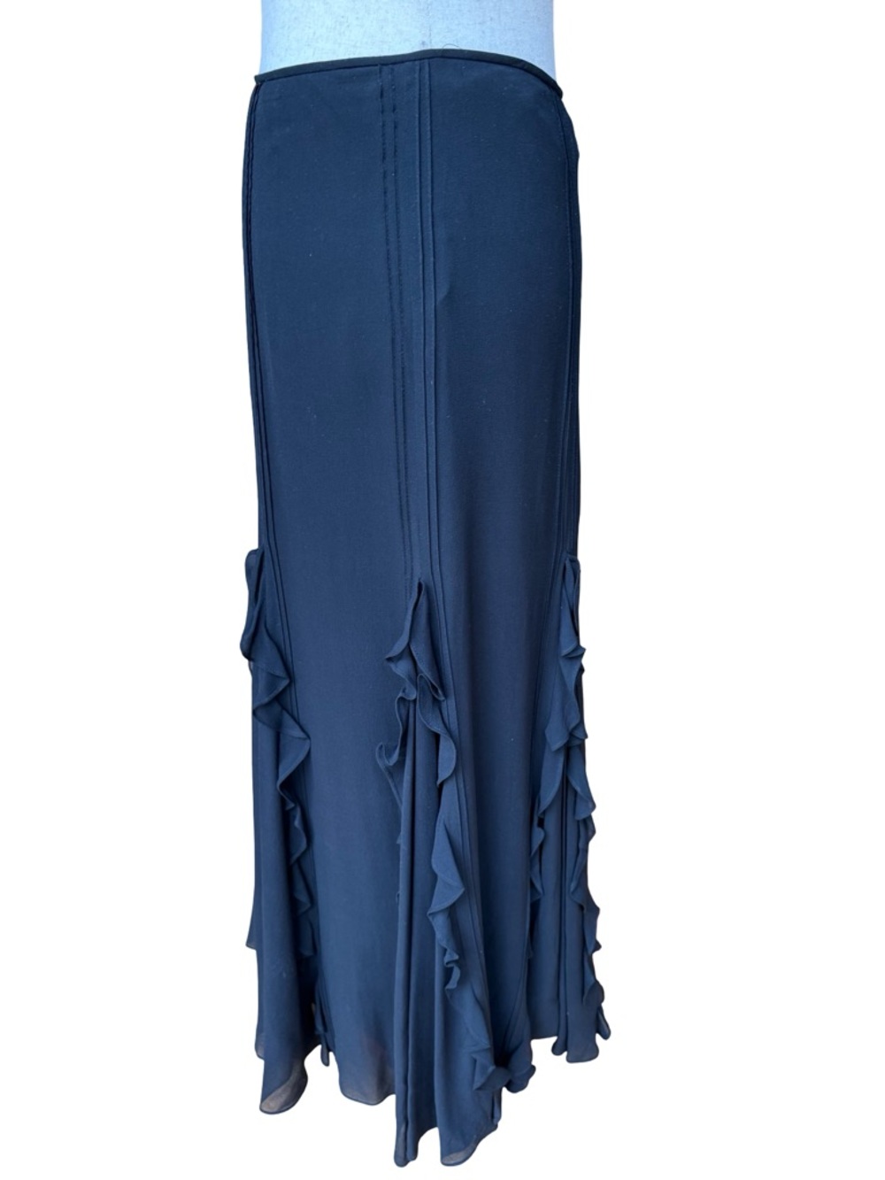 Lauren Ralph Lauren Black 100% Silk Outer Ruffle Trim Maxi Skirt Size 8 - Picture 2 of 7